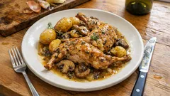 Udka z królika w białym winie – delikatne mięso i ziemniaki z jednego garnka