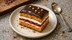 Złoty miodowiec warstwowy z owocami i kremem śmietankowo-jogurtowym – przepis