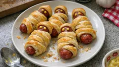 Parówki w cieście francuskim na talerzu, przekąska imprezowa, pieczone parówki.