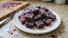 Domowe galaretki owocowe w cukrze na białym talerzu, deser na kuchennym blacie