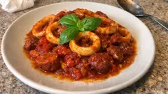 Kalmary po hiszpańsku z chorizo – szybkie danie z patelni w pomidorowym sosie