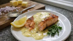 Łosoś z sosem holenderskim, cytryna i natka pietruszki na białym talerzu