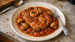 Rouelle de porc à la tomate – duszony udziec wieprzowy w pomidorach z pieczarkami