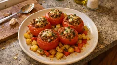 Pomodory faszerowane z piekarnika na ziemniakach i papryce – cały obiad w jednym naczyniu