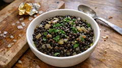 Sałatka z czarnej soczewicy z ziołami w białej misce na drewnianej desce kuchennej