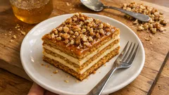 Prosty miodownik z kremem budyniowym i orzechową górą – bez stresu