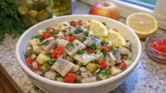 Śledzie w oleju na kolorowo: prosta sałatka z jabłkiem i ogórkiem kiszonym