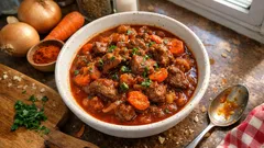 Gulasz wołowy z warzywami – miękkie mięso i gęsty, pomidorowy sos krok po kroku