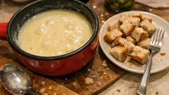 Fondue serowe w czerwonym garnku z grzankami na talerzu, rustykalny stół.