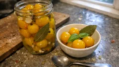 Żółte pomidorki koktajlowe w zalewie: proste przetwory z bazylią i gorczycą