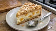 Sernik brzoskwiniowy na kruchym spodzie – kremowy, z chrupiącą kruszonką