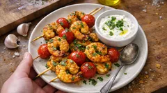 Szaszłyki z krewetkami i pomidorami, podane z sosem jogurtowym na talerzu.