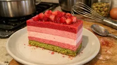 Entremet z czerwonymi owocami: trzy musy i miękki pistacjowy spód