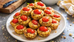 Mini tarty z pomidorkami i przyprawami na białym talerzu, idealne na przekąskę.