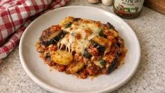 Zapiekanka z bakłażana i ziemniaków z pomidorowym sosem – prosty gratin z ciągnącym serem