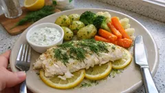 Molwa pieczona na cytrynie z sosem jogurtowo‑koperkowym – prosto i soczyście