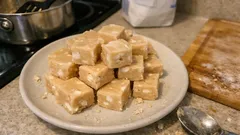 Kawałki domowej krówki na talerzu, słodki deser na kuchennym blacie