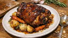 Pieczeń wołowa z ziemniakami i marchewką na talerzu, danie obiadowe, stół drewniany