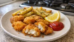 Smażone paluszki rybne z frytkami, plasterkiem cytryny i ketchupem na białym talerzu.