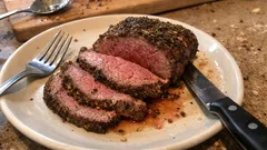 Soczysta pieczeń wołowa krojona na talerzu z przyprawami, widelcem i nożem.