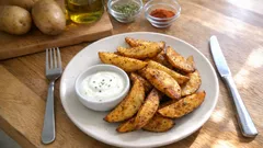 Pieczone ziemniaki łódeczki z sosem jogurtowym na talerzu, zioła i przyprawy w tle.