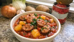 Kiełbaski włoskie duszone z ziemniakami – jednogarnkowy obiad w pomidorowym sosie