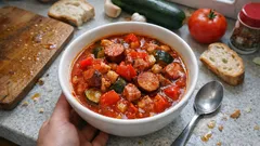 Paprykowe leczo z cukinią i kiełbasą – gęste, dymne i naprawdę sycące