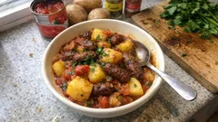 Gulasz wołowy z ziemniakami i warzywami w misce, obok składniki i zioła na desce