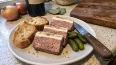 Pasztet z pieczywem i ogórkami konserwowymi na talerzu, obok nóż kuchenny.