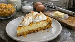 Kawałek ciasta z bezą na talerzu, składniki do pieczenia w tle, kuchenny blat.