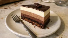 Torcik czekoladowy na talerzyku, z widocznymi warstwami i widelcem obok