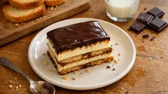 Torcik budyniowy z sucharków bez pieczenia – równe warstwy i czekoladowa polewa