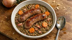 Soczewica duszona z kiełbaskami Toulouse – francuskie danie jednogarnkowe na chłodne dni