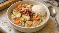 Blanquette z indyka à l’ancienne – delikatny gulasz w kremowym sosie z boczkiem i pieczarkami