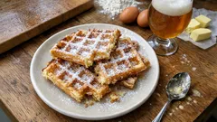 Gofry na talerzu z cukrem pudrem, piwo, jajka i masło na drewnianym stole, deser śniadaniowy.