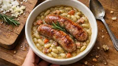 Kiełbaski Toulouse z fasolą flageolet – sycące danie jednogarnkowe