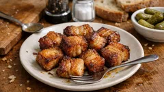 Pieczony boczek na talerzu, obok chleb i ogórki, tradycyjna polska przekąska