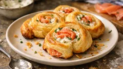 Roladki z ciasta francuskiego z wędzonym łososiem – chrupiące ślimaczki w 25 minut