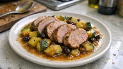 Polędwiczka wieprzowa duszona z cukinią i rodzynkami – lekki obiad z nutą cynamonu