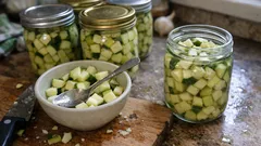 Pokrojone ogórki kiszone w słoikach i miseczce na drewnianej desce kuchennej.