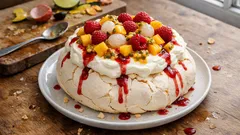 Tort bezowy Pavlova z bitą śmietaną i owocami egzotycznymi na stole drewnianym.