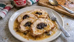 Rolada schabowa z suszonymi śliwkami na talerzu, danie kuchni polskiej