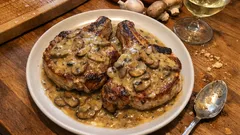 Kotlet schabowy z sosem pieczarkowym na talerzu, obok kieliszek wina i grzyby.