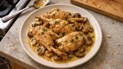 Królik w musztardzie Dijon z pieczarkami – wolno duszony w kremowym sosie