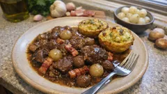 Wołowina bourguignon z ziemniaczanymi tartaletkami, cebulą perłową i boczkiem na talerzu