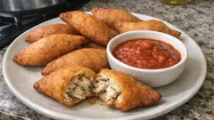 Empanady z mięsnym nadzieniem i sosem pomidorowym na białym talerzu, kuchnia latynoamerykańska.