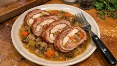 Coq au porc: soczysta rolada z polędwicy w boczku, duszona w bulionie i winie