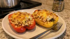 Faszerowane papryki z pieczonym serem na talerzu, zdrowy obiad domowy