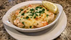 Krewetki zapiekane w maśle z czosnkiem i białym winem – pod serową kołderką