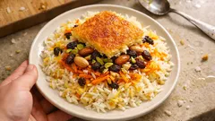 Tadig perski z chrupiącym ryżem, migdałami, rodzynkami i marchewką na białym talerzu.